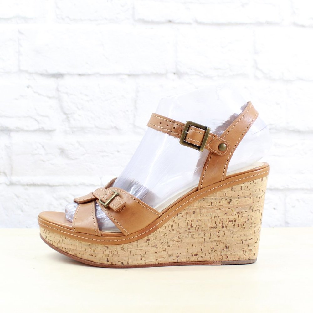 LL BEAN Brown Leather Cork Platform Wedge Ankle Strap Sandals Size 7 M - Picture 1 of 9